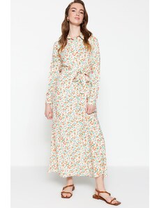 Trendyol hrustljava cvetlična vzorčasta Ecru 100% viskozno tkana srajca obleka s pasom
