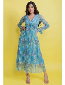 Aroop Chiffon Floral Pleated Maxi Dress - Blue
