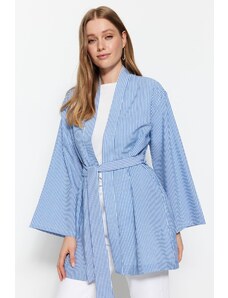 Trendyol tkanje prozornega črtastega kimona in kaftana z modrim pasom