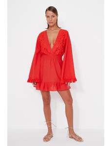 Trendyol Red Mini tkana čipkasta obleka za plažo, 100% bombaž