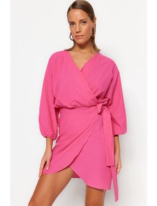 Trendyol roza mini tkana dvojna prsi 100% bombažna obleka za plažo