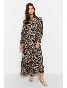 Trendyol Black Leopard vzorčasta tkana srajca obleka