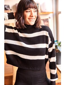 Ženski pulover za pletenine Olalook Black Striped Half Turtleneck Crop