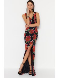Trendyol večbarvna podložena Chiffon cvetlični vzorec večerna obleka