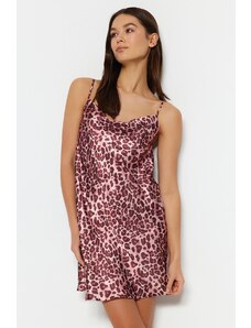 Trendyol Pink Leopard Patterned Rope Strap Degaje Collar Satin Woven Nightdress