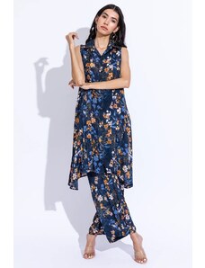 Aroop Pleated Floral Shirt Dress Pants - Dark Blue