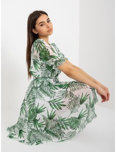 Fashionhunters White and green dress with floral print and tie