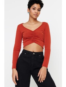 Trendyol Cinnamon Shirred Detail Fitted/Simple Crop, Stretchy Knitted Blouse
