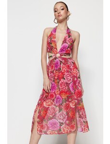 Trendyol Chiffon cvetlična vzorčasta večerna obleka z oknom / izrezana podrobna, večbarvna podloga