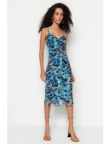 Trendyol Blue Patterned Pleated Tulle Knitted Dress