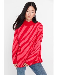 Trendyol rdeča roza živalski črtasti vzorec pletenine pulover