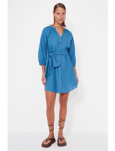 Trendyol Blue Belted Mini tkana 100% bombažna obleka za plažo