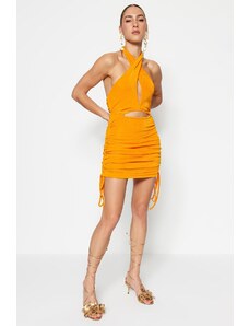 Trendyol oranžno pleteno okno / izrežite podrobno večerno obleko