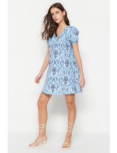 Trendyol modra široko rezana tkana cvetlična vzorca Mini tkana obleka