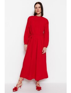 Trendyol Red Belted Shirring Detajl široko prilegajoča se tkana obleka