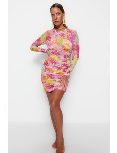 Trendyol cvetlično vzorčasto, opremljeno mini tkano zbrano obleko za plažo