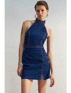 Trendyol omejena izdaja temno modrega gumba Podrobna mini obleka iz jeansa