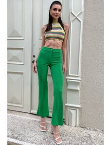 Trend Alaçatı Stili Ženska zelena sliva z visokim pasom spredaj široke noge Lycra hlače