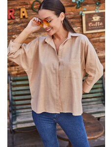 armonika Women's Beige Loose Linen Shirt with Pocket