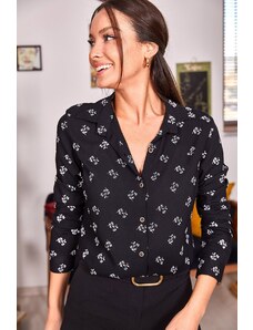 armonika Women's Black Floral Pattern Long Sleeve Shirt