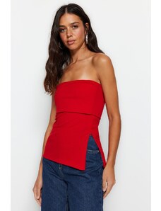 Trendyol Red Crepe Knitted Blouse with a Strapless Collar and Zipper on the Side