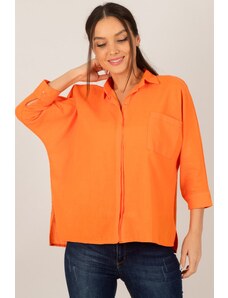 armonika Women's Orange Loose Linen Shirt with Pocket