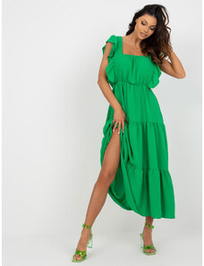 Fashionhunters Green midi dress with ruffles on the sleeves