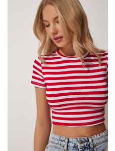 Happiness İstanbul Women's Red White Striped Crop Knitted T-Shirt