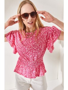 Olalook Women's Floral Pink Bat Blouse with an Elastic Waist and Frilled Sleeves