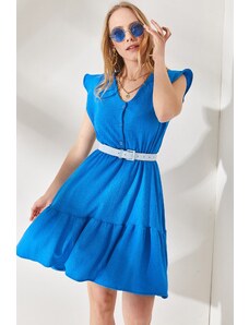 Ženska modra mini obleka Olalook z gumbi in elastičnim pasom