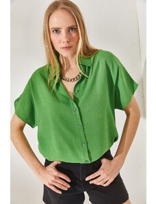Olalook Women's Peanut Green Bat Oversize Linen Shirt