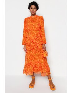 Trendyol Frill podložena tkana obleka Chiffon z oranžnim cvetličnim krilom