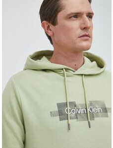 Bombažen pulover Calvin Klein moška, zelena barva, s kapuco