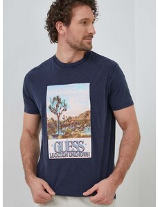 Bombažna kratka majica Guess Mornarsko modra barva