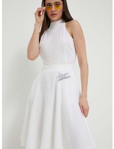 Obleka iz mešanice lana Love Moschino bela barva