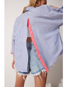 Happiness İstanbul Women's Blue Pink Stripe And Button Detailed Striped Oversize Shirt