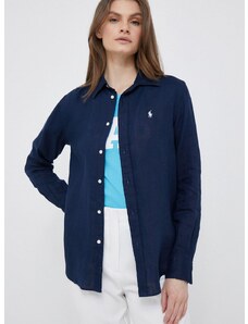 Lanena srajca Polo Ralph Lauren mornarsko modra barva
