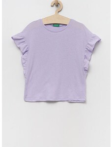 Kratka majica s primesjo lanu United Colors of Benetton vijolična barva
