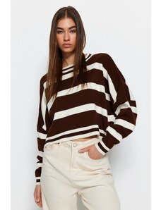 Trendyol rjavi pulover za pletenine s črtastimi pridelki