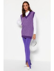 Trendyol vijolični črtasti pulover za pletenine V-vratu