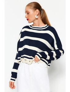 Trendyol Navy Blue Crop črtasto pletenino pulover