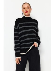 Trendyol Black širok fit pulover za pletenine s črtastimi črtami