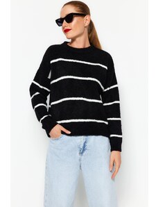 Trendyol črni mehki teksturirani pulover za pletenine s črtastimi črtami