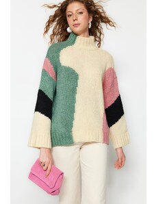 Trendyol bež mehak teksturiran pulover za pletenine iz barvnih blokov