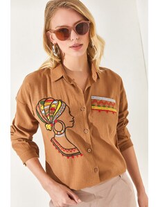 Olalook Women's Camel Loose Woven Linen Shirt with Pockets and Embroidery Detail