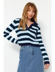 Trendyol Navy Blue Crop Color Block pulover za pletenine