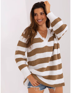Fashionhunters Brown and ecru long striped oversize sweater
