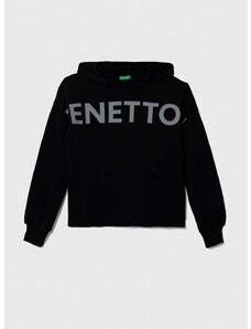 Otroški bombažen pulover United Colors of Benetton črna barva, s kapuco