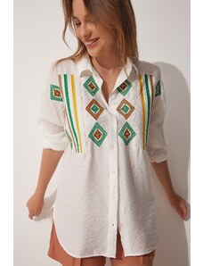 Happiness İstanbul Women's White Pearls Embroidery Oversized Airobine Shirt