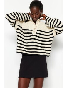 Trendyol Ecru široko prilegajoč pulover za pletenine s črtastim vratom posadke